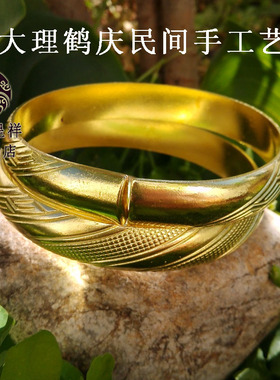 极速纯手工纯黄铜手镯饰品 斜纹花铜镯子饰品V实心加厚手圈