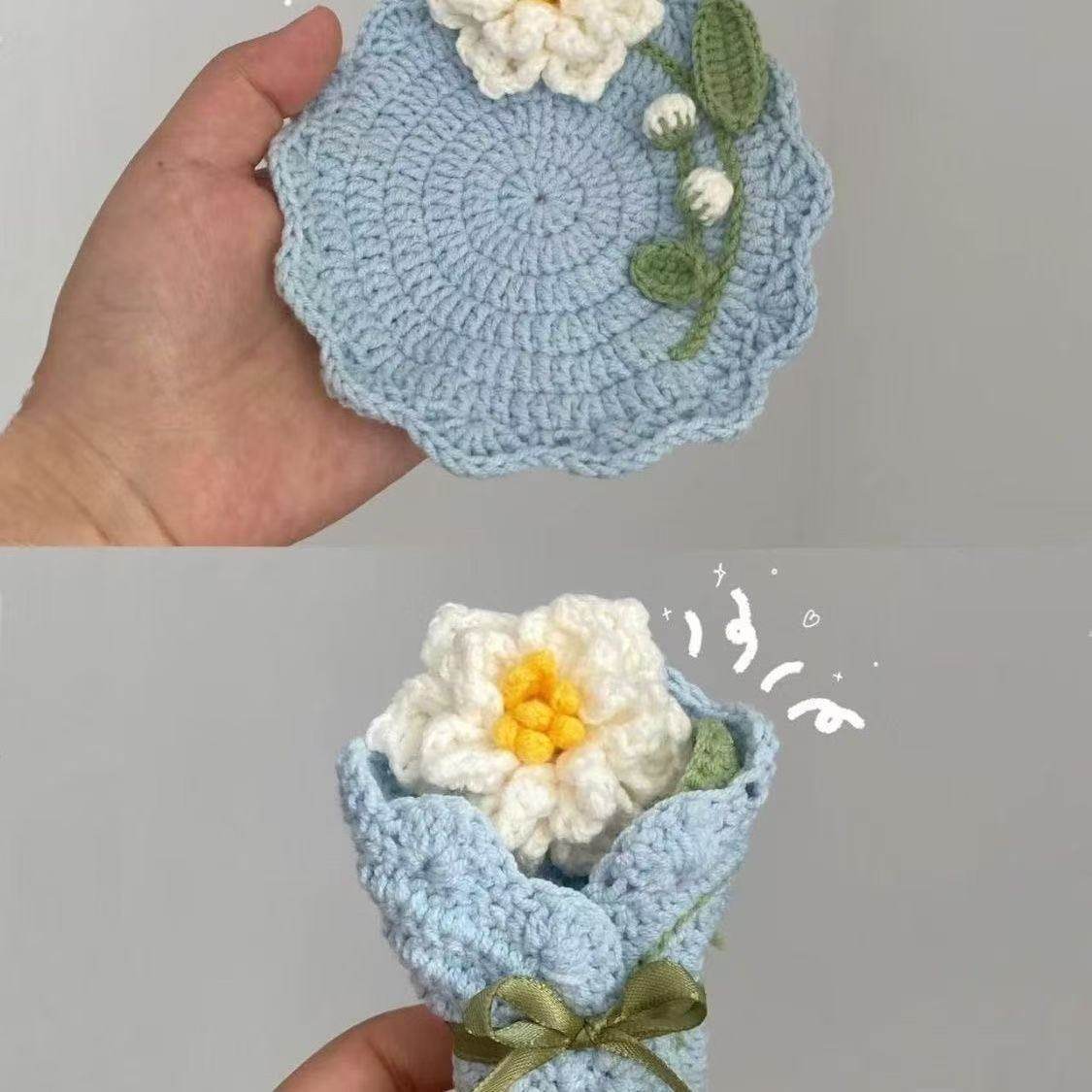 手工毛线钩针钩织栀子花花束杯垫diy材料包自制杯垫钩织摆件礼物,淘宝优惠券,粉丝福利购,淘宝优惠卷