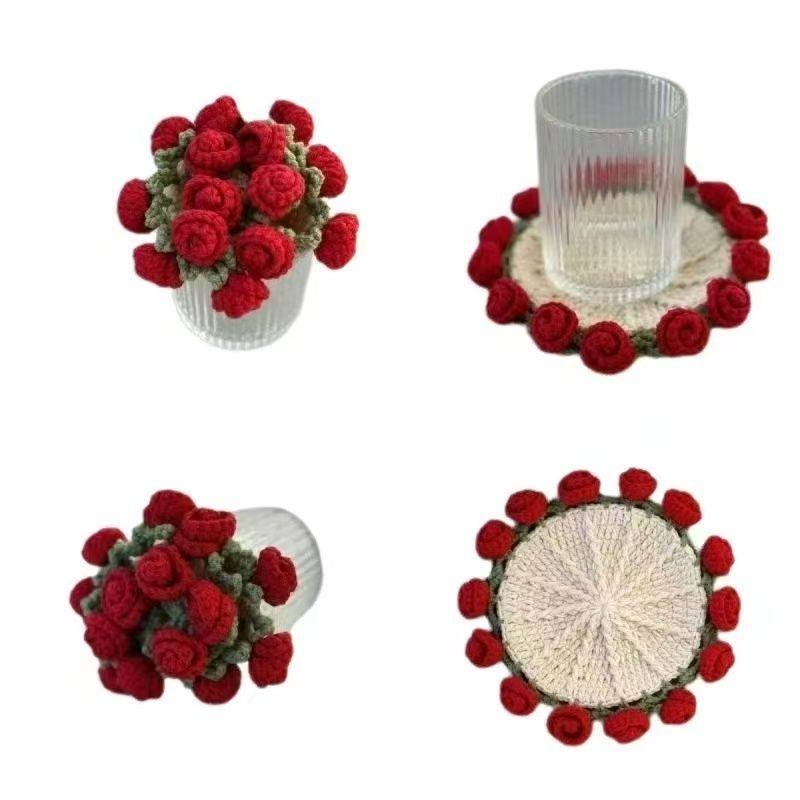 手工编织毛线diy玫瑰花束迷你毯子材料包钩针创意礼物杯垫非成品,淘宝优惠券,粉丝福利购,淘宝优惠卷