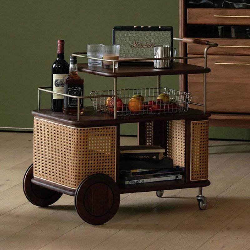 实木藤编小推车客厅收纳床头柜中覆古餐车不锈钢置物架可移动边几,淘宝优惠券,粉丝福利购,淘宝优惠卷