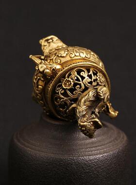 黄铜古玩杂项纯铜彷古小香炉三足貔貅双耳兽室内茶道熏香炉摆件