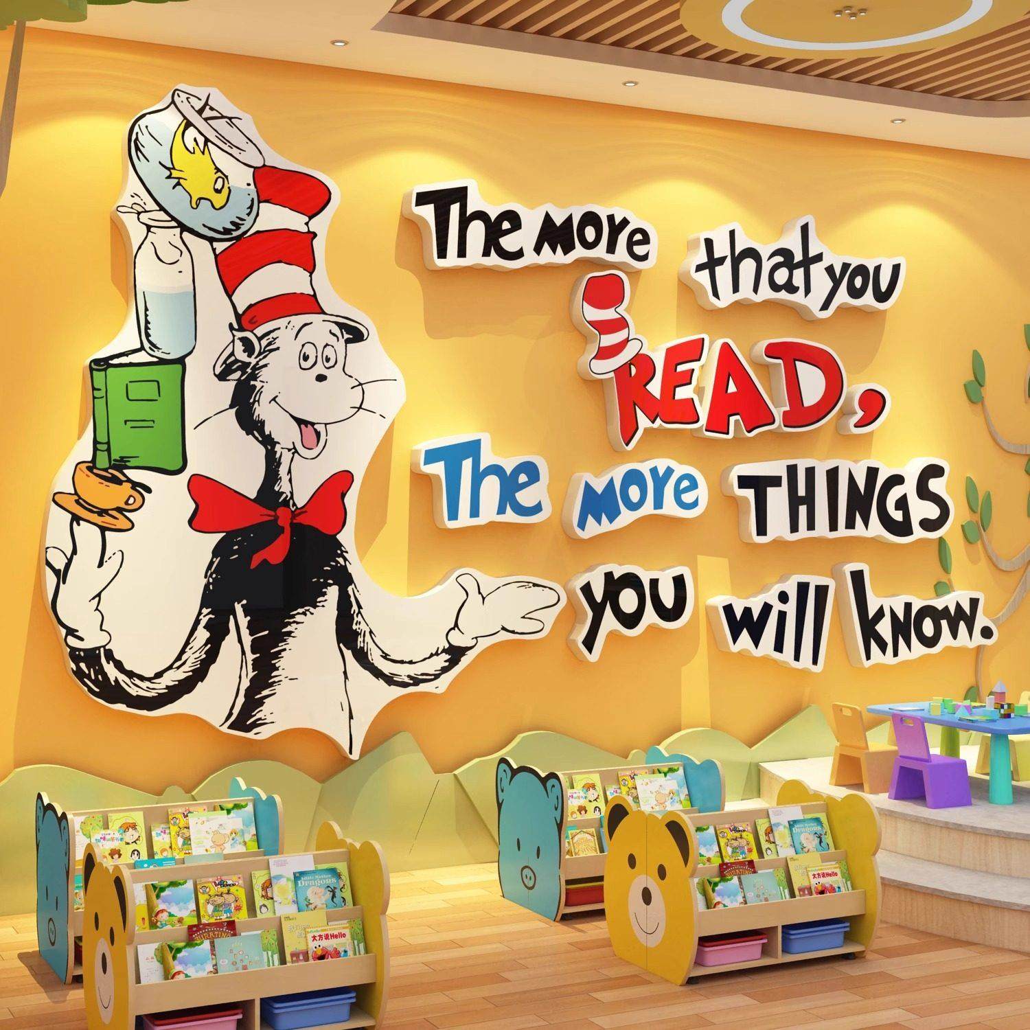 绘本馆墙面装饰英语主题阅读区图书角文化墙贴苏斯博士工作室环创,淘宝优惠券,粉丝福利购,淘宝优惠卷
