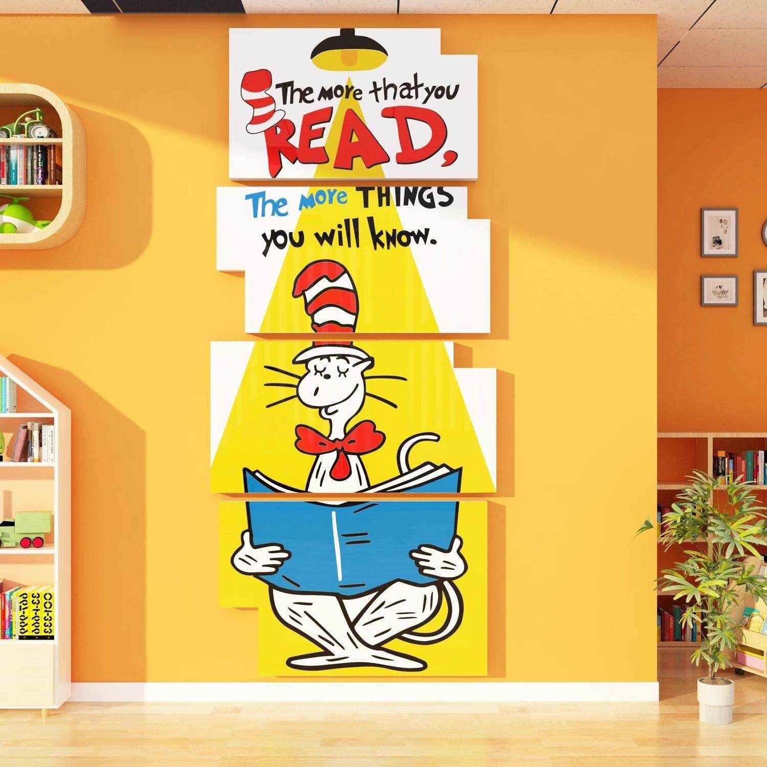 绘本馆墙面装饰英语主题阅读区图书角文化墙贴苏斯博士工作室环创,淘宝优惠券,粉丝福利购,淘宝优惠卷