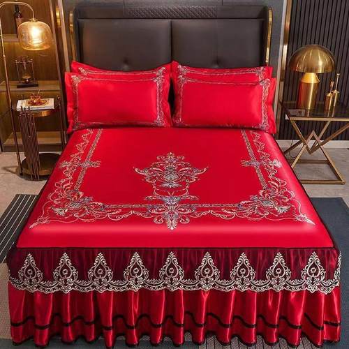 婚庆大红色冰丝席床裙式三件套可机洗可折叠夏季空调1.8M软席子 - 图1