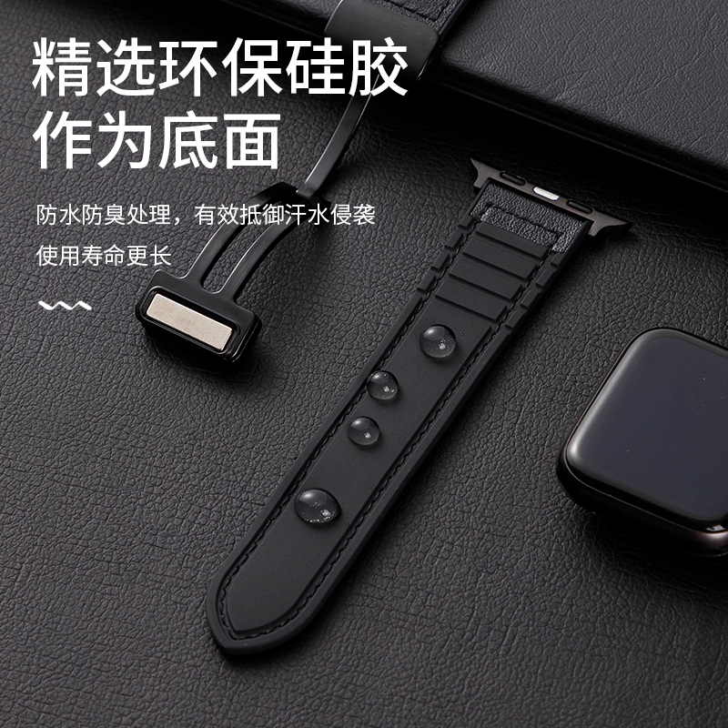 适用iwatch8手表applewatch9表带S9真皮S8苹果创意ultra运动男夏天S7硅胶6高级代SE新款磁吸扣疯马皮纹iphone