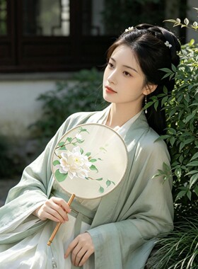 团扇古风扇子汉服夏天舞蹈扇长柄丝质古装小圆扇双面定制双面定制