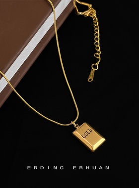 高保色！厚镀18K真金小金砖项链ins高级感不锈钢几乎不褪色锁骨链