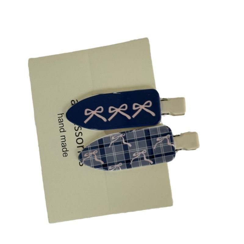 2个装蓝色格纹系列蝴蝶结无痕发夹ins可爱甜美刘海侧边夹发卡 - 图2