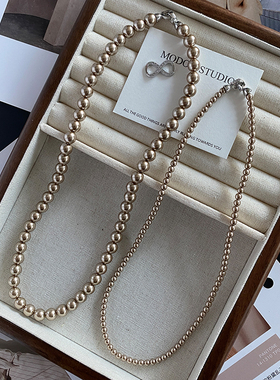 墨豆家 可拆分摩卡金棕色珍珠8字扣双层项链女高档轻奢小众毛衣链