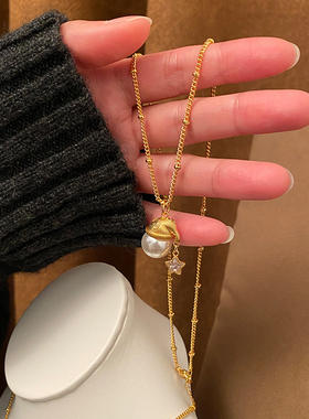 墨豆家 圣诞节圣诞帽雪花项链轻奢小众高级感人造水晶珍珠颈链女