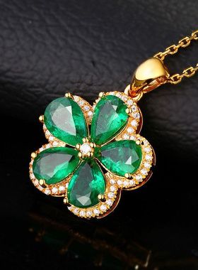 新款彩宝克拉合成祖母绿宝石五叶草吊坠 镶嵌彩色宝石项链