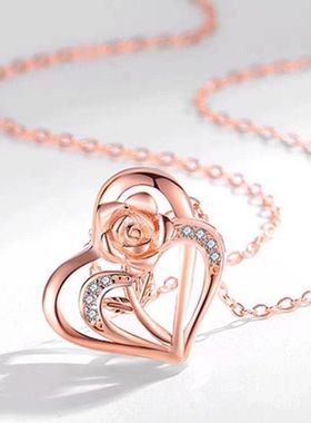 跨境欧美心形玫瑰花项链女设计感锁骨链微镶锆石双爱心吊坠