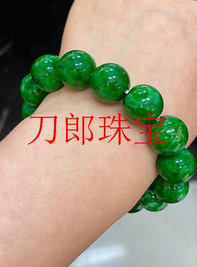 缅甸老坑豆种翡翠色干青手链男女款大颗粒圆珠满色辣绿单圈玉手串