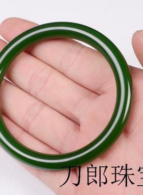 高端新疆和田玉色碧玉手镯细条女款老坑菠菜绿少女款碧玉圆条玉镯