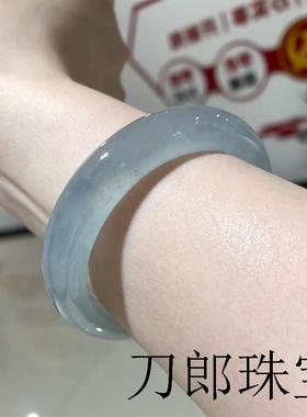 天然冰种飘花翡翠色手镯女款a货扁条高冰蓝水天青色镯子正品玉石