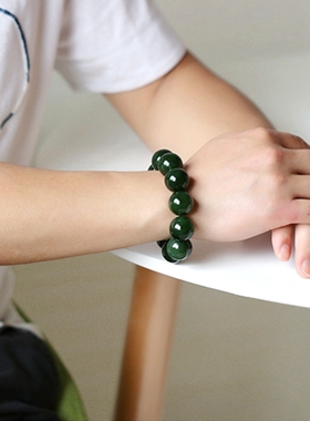 新疆和田玉碧玉大圆珠手串高端玉石菠菜绿色霸气男女款转运珠手链
