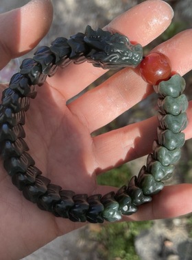 新疆天然正品和田玉龙骨青玉盘龙手链男款手饰玉石手串大气霸气