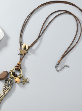 文艺复古合金羽毛女项链