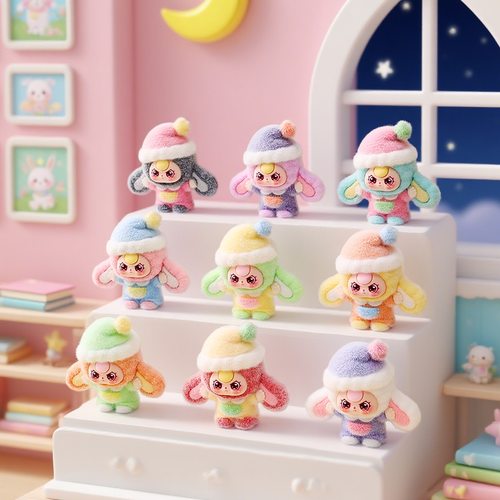 植绒睡帽兔娃萌粒摆件卡通可爱房间卧室装饰品潮玩公仔创意小礼品 - 图0