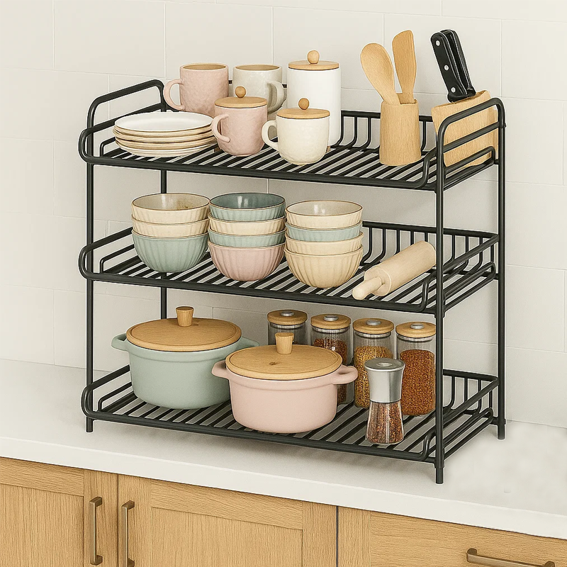 厨房置物架多层多功能落地收纳架子台面调料品锅碗盘分层收纳架 - 图0