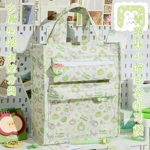 苹果小猫印花补习袋高颜值小学生手提帆布补课包初中生大容量拎书袋2025年新款可爱ins风简约手提袋 - 图1