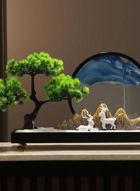 新中式茶桌摆件轻奢高档创意玄关禅意迎客松流沙画办公室沙漏装饰