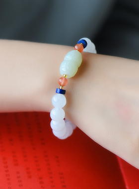 和田玉白玉多宝双莲花手链手串搭配南红青金石约10MM