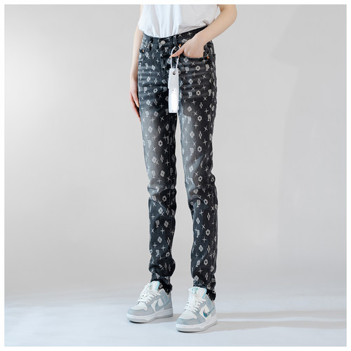 PUR jeans牛仔裤男修身显瘦欧美式高街高档印花紧身堆积紧身小脚 - 图0