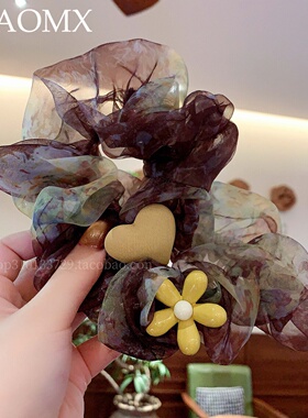 网纱晕染发圈肠圈黄色花朵发绳扎马尾丸子头百搭头绳高级感发饰品
