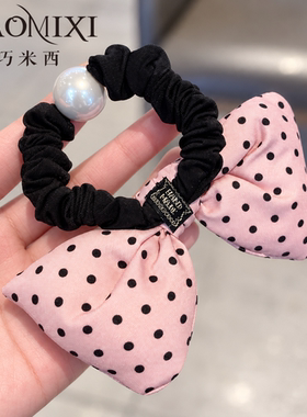 甜酷女心粉色波点大蝴蝶结发绳