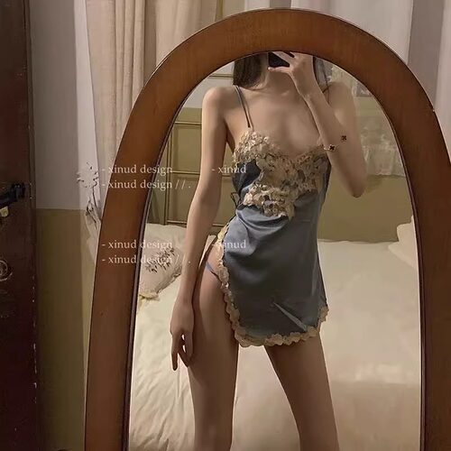 性感睡衣女2026年新款秋睡裙吊带纯欲蕾丝黑色薄款法式冰丝家居服 - 图2