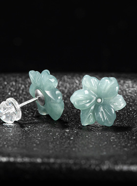 天然A货翡翠蓝水兰花耳钉冰种玉石花瓣S925银镶古风女款耳饰