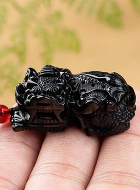 天然墨玉翡翠小号如意貔貅冰种玉石吊坠皮丘男士女款挂件一对