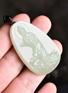新款阿富汗玉电脑雕刻乘龙观音吊坠白玉挂件玉佩乘龙观音莲花观音