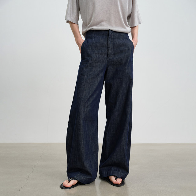 SILAVIE cotton and linen denim suit women's summer straight pants wide-leg temperament original cow color suspender sleeveless top