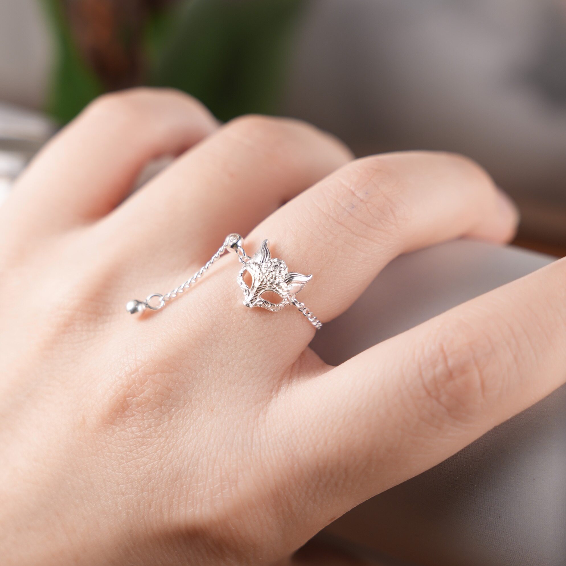 Internet celebrity popular pure silver 999 tassel pull-out fox mask live ring new ring lover gift