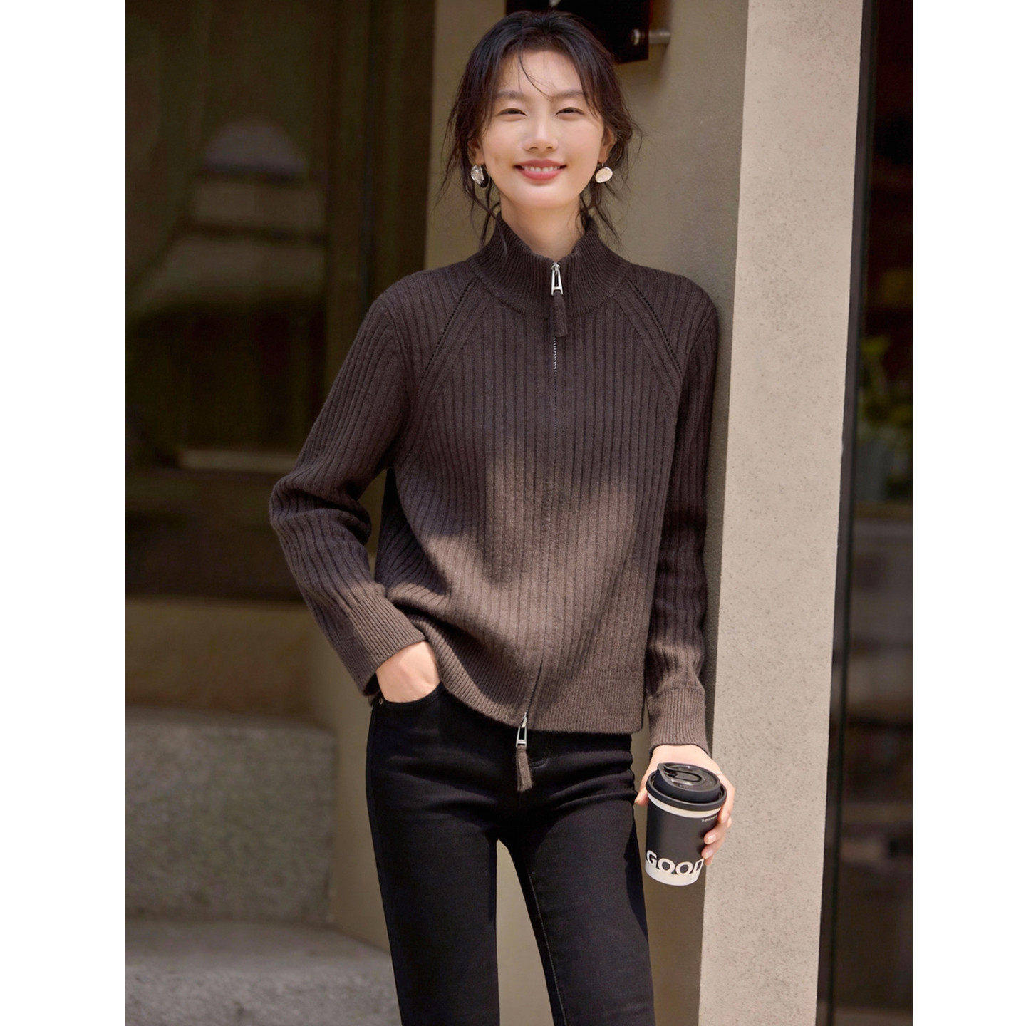 Basic House/百家好半高领黄色毛衣女新款羊毛衫坑条针织开衫外套,淘宝优惠券,粉丝福利购,淘宝优惠卷