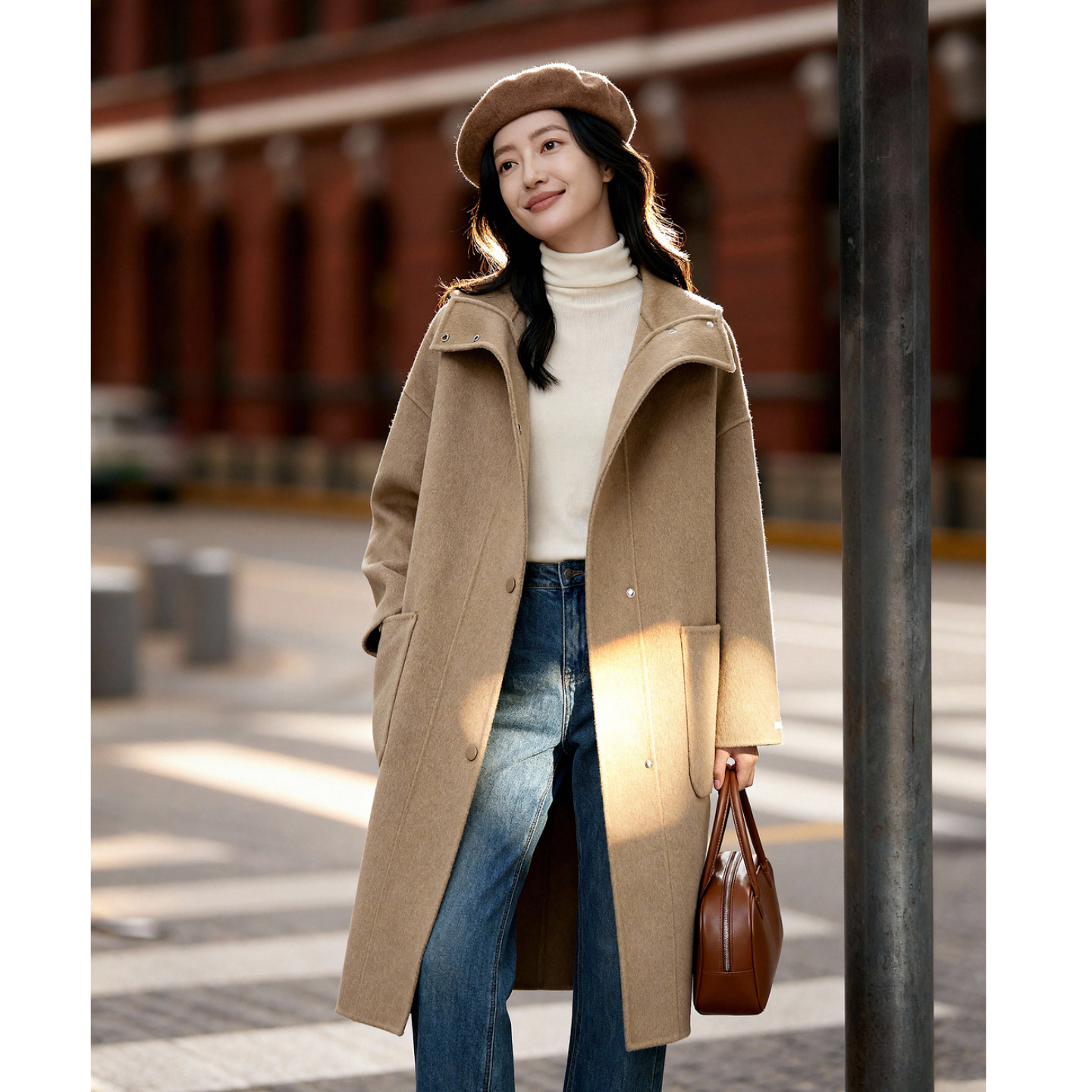 Basic House/百家好绵羊毛100%中长款双面呢大衣女冬季气质风外套,淘宝优惠券,粉丝福利购,淘宝优惠卷