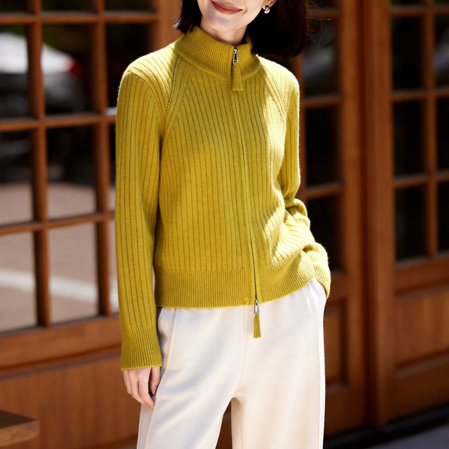 Basic House/百家好半高领拉链羊毛衫女新款坑条针织毛衣开衫外套,淘宝优惠券,粉丝福利购,淘宝优惠卷