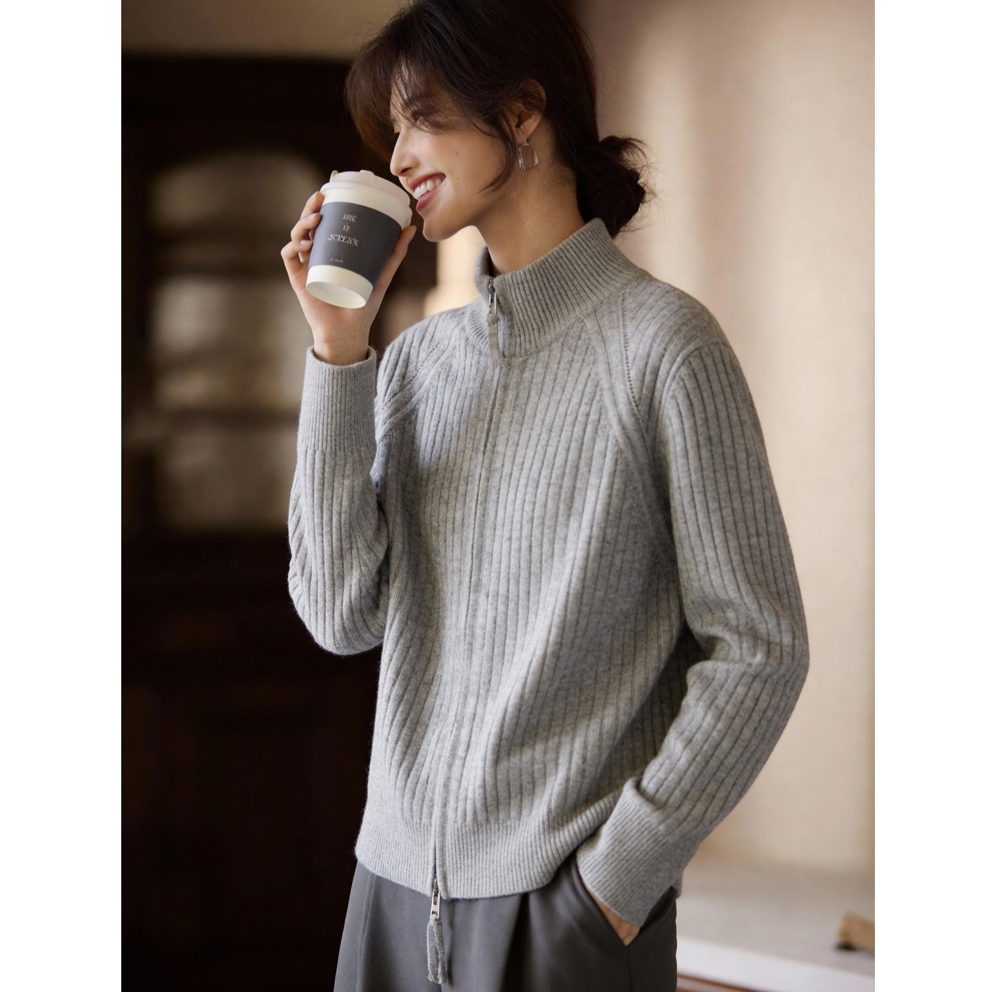 Basic House/百家好半高领黄色毛衣女新款羊毛衫坑条针织开衫外套,淘宝优惠券,粉丝福利购,淘宝优惠卷