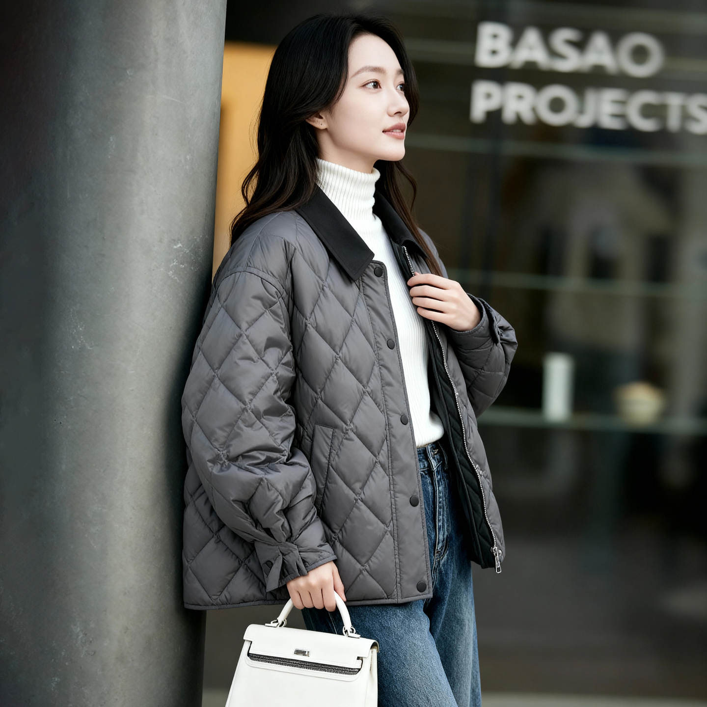 Basic House/百家好菱格纹羽绒服女2025冬季撞色翻领短款保暖外套 - 图2