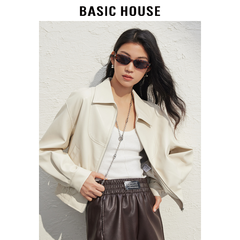 Basic House/百家好翻领帅气皮衣短款女新款春美式复古小个子外套