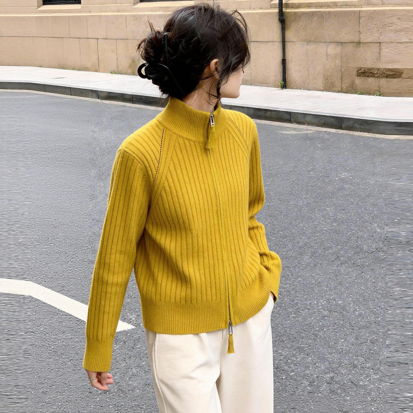 Basic House/百家好半高领黄色毛衣女新款羊毛衫坑条针织开衫外套,淘宝优惠券,粉丝福利购,淘宝优惠卷