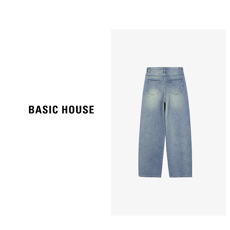 Basic House/百家好浅色高腰直筒阔腿裤春季宽松显瘦梨形牛仔女裤 - 图0