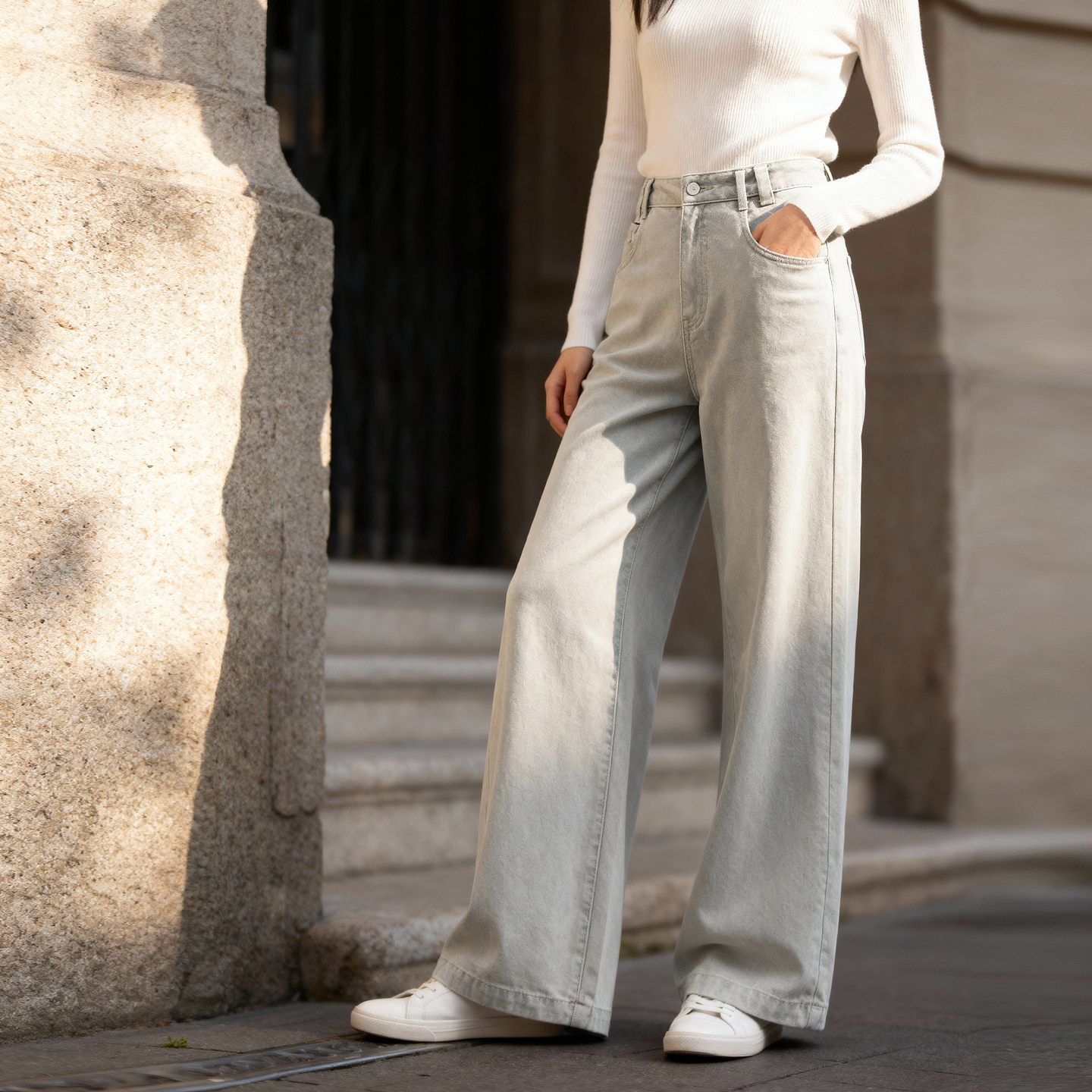 Basic House/百家好基础款高腰直筒牛仔裤秋冬新款百搭休闲裤子女 - 图1