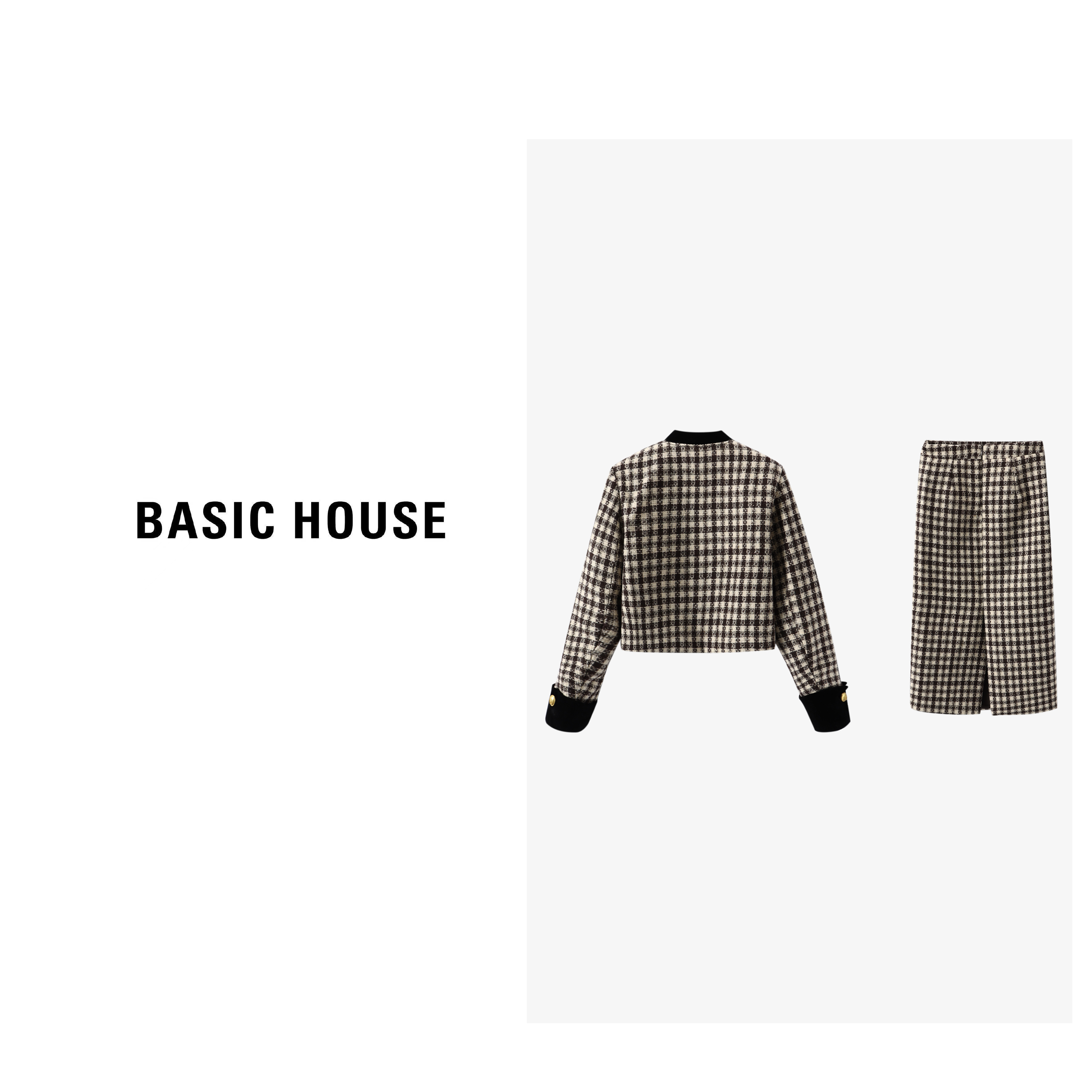 Basic House/百家好法式小香风套装秋冬毛呢外套及膝半身裙两件套