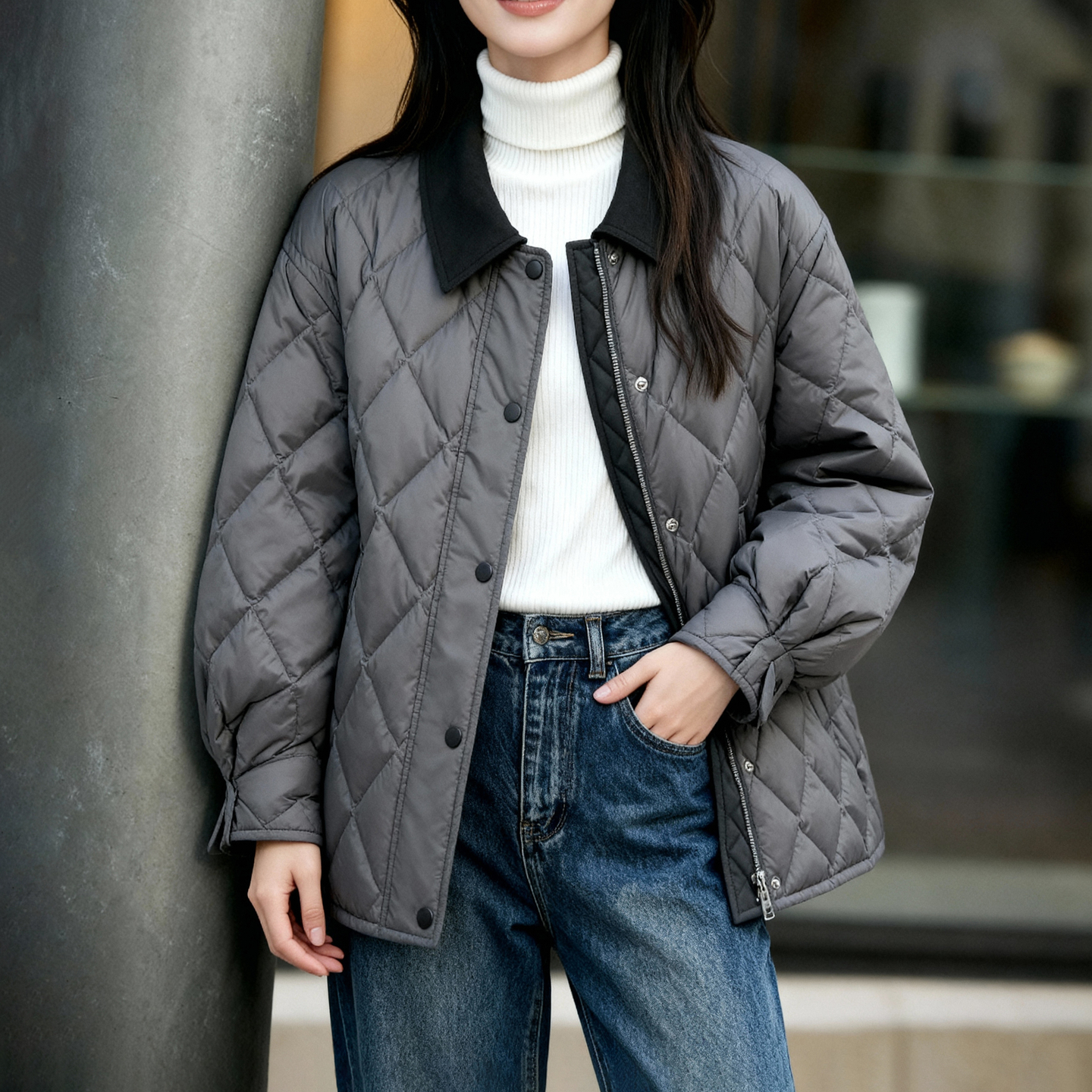 Basic House/百家好菱格纹羽绒服女2025冬季撞色翻领短款保暖外套 - 图3