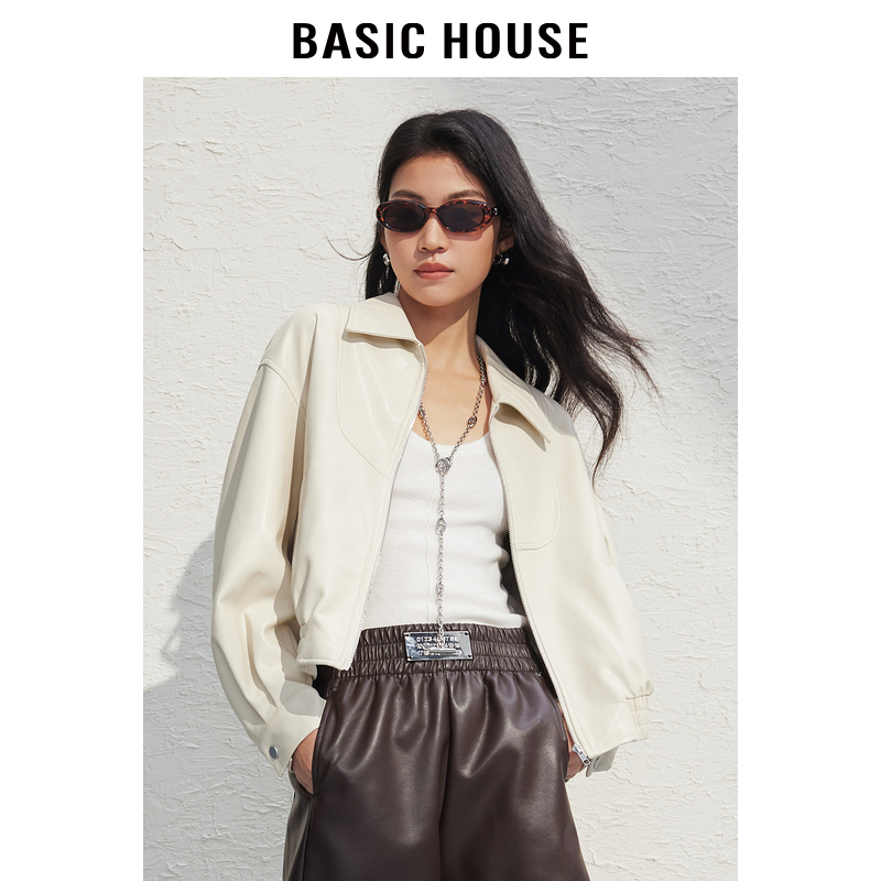 Basic House/百家好翻领帅气皮衣短款女新款春美式复古小个子外套-图2