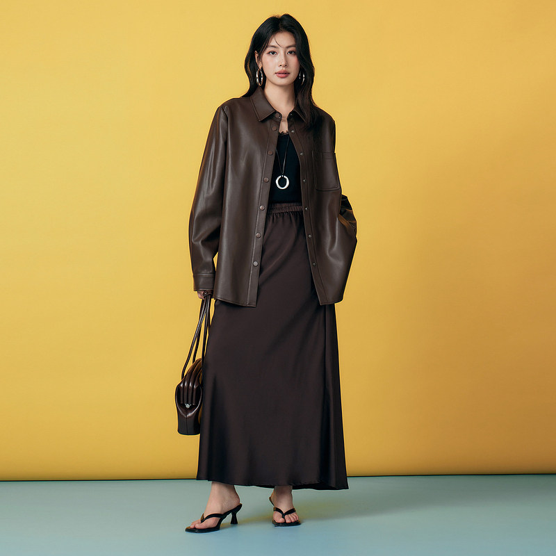 Basic House/百家好咖色皮衣外套女2025秋季复古翻领短款夹克上衣,淘宝优惠券,粉丝福利购,淘宝优惠卷