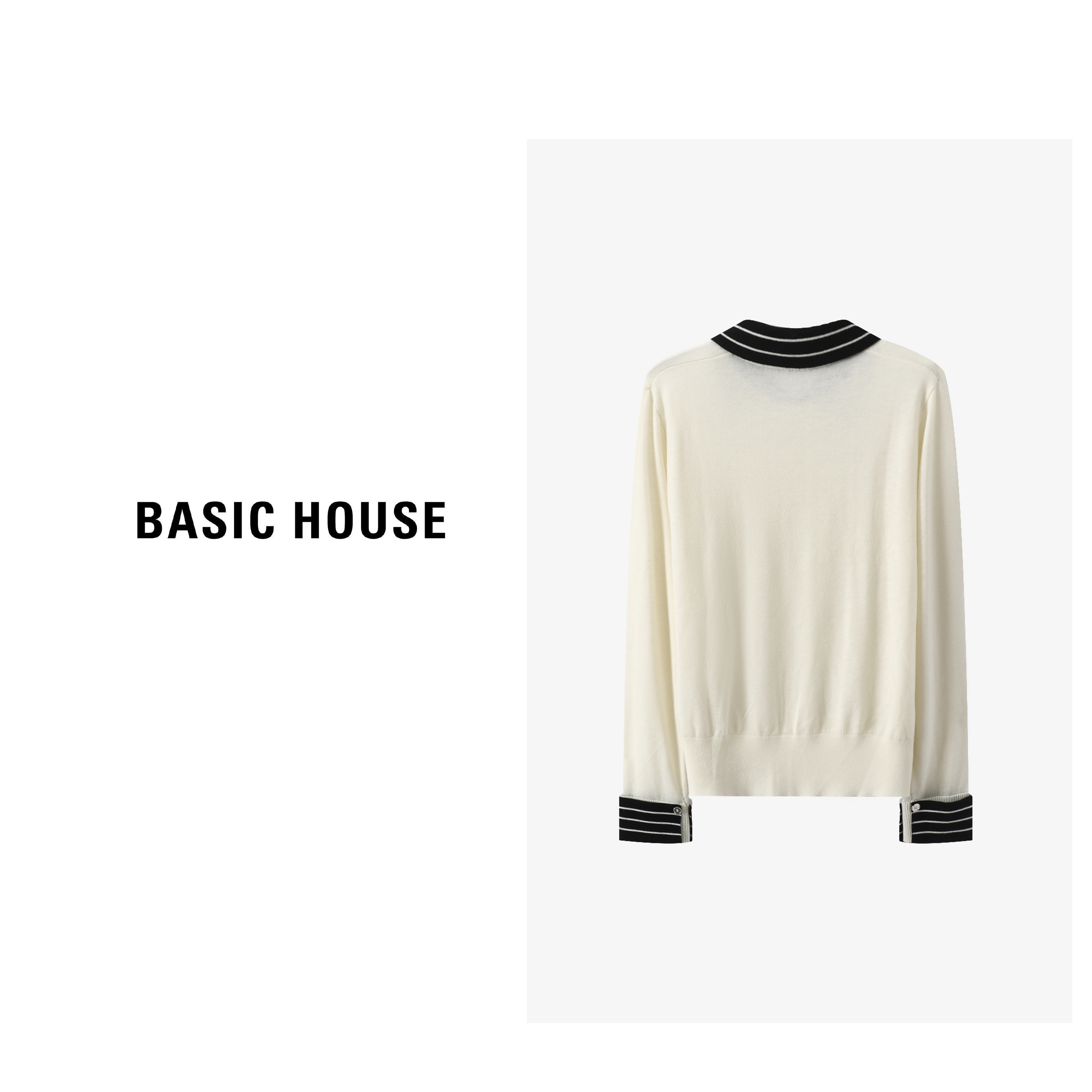 Basic House/百家好绵羊毛翻领针织衫女假两件设计感长袖上衣-图0